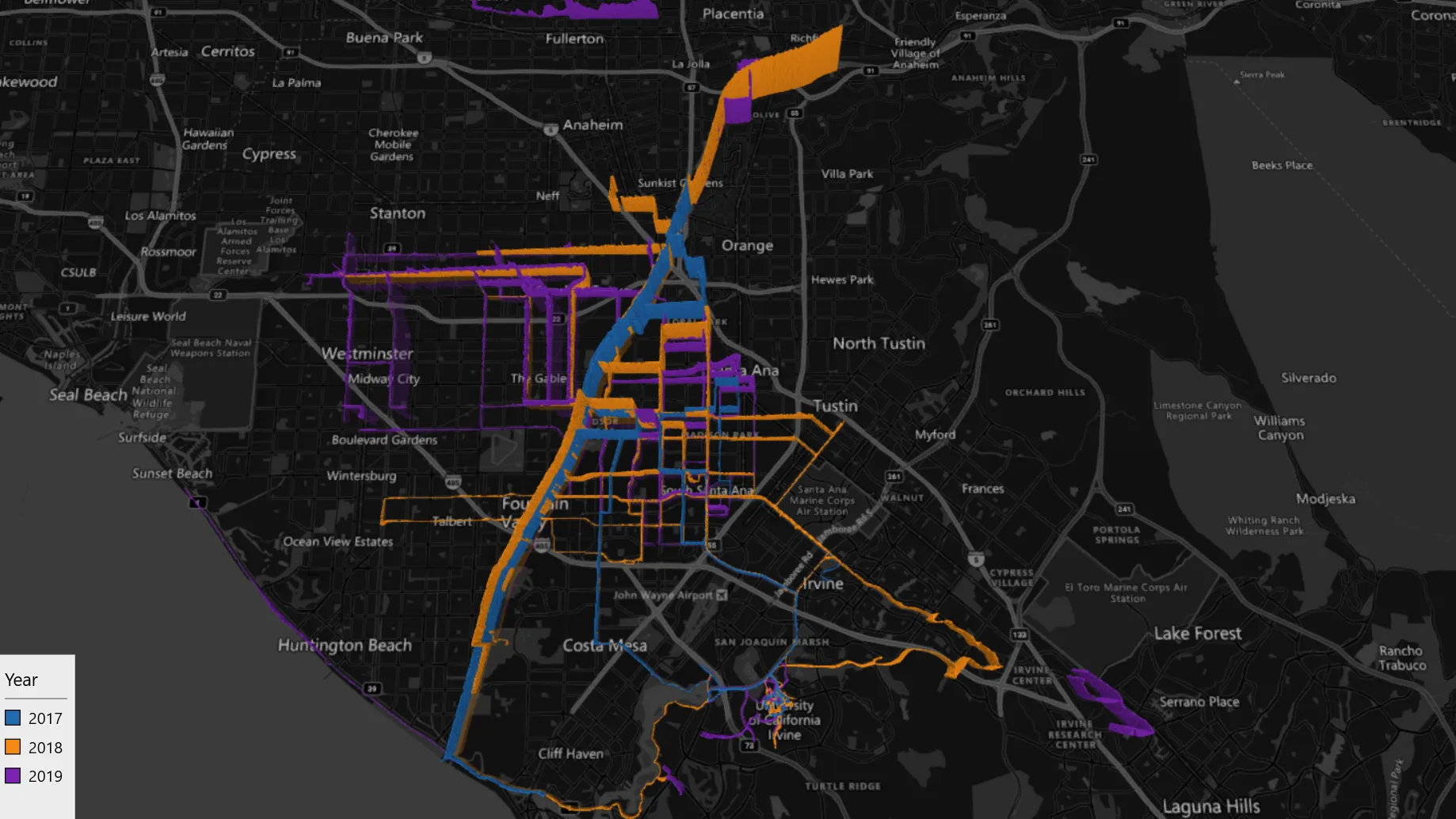 Visualization of my 2017-2019 bike rides in the Orange County.